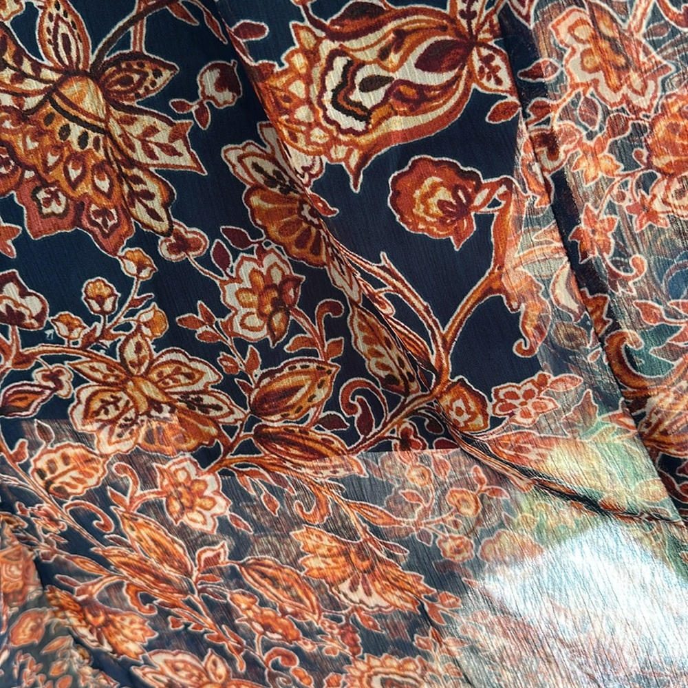 Xhileration Floral Maxi Boho Dress - Navy & Orange Floral. Tassel Ties & Slits - Picture 6 of 11